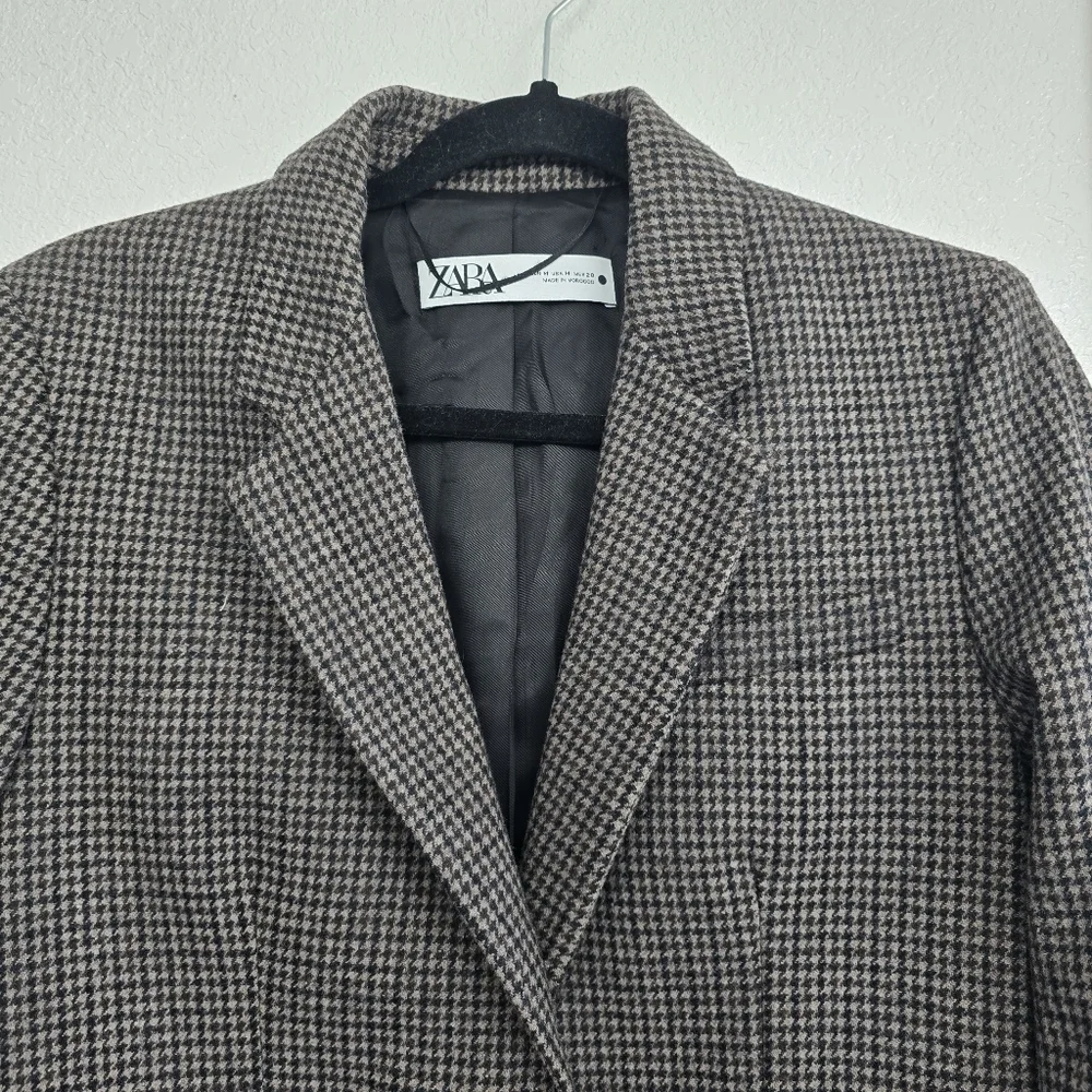 Zara Wool Blend Blazer Sz M Brown Houndstooth Plaid Tailored Career Old Money - Picture 5 of 16